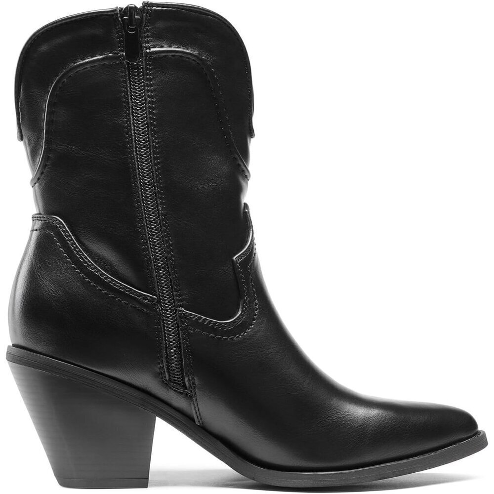 🆕Women's Black Faux Leather Cowboy Ankle Boots Chunky Heel Pointed Toe - Picture 2 of 7
